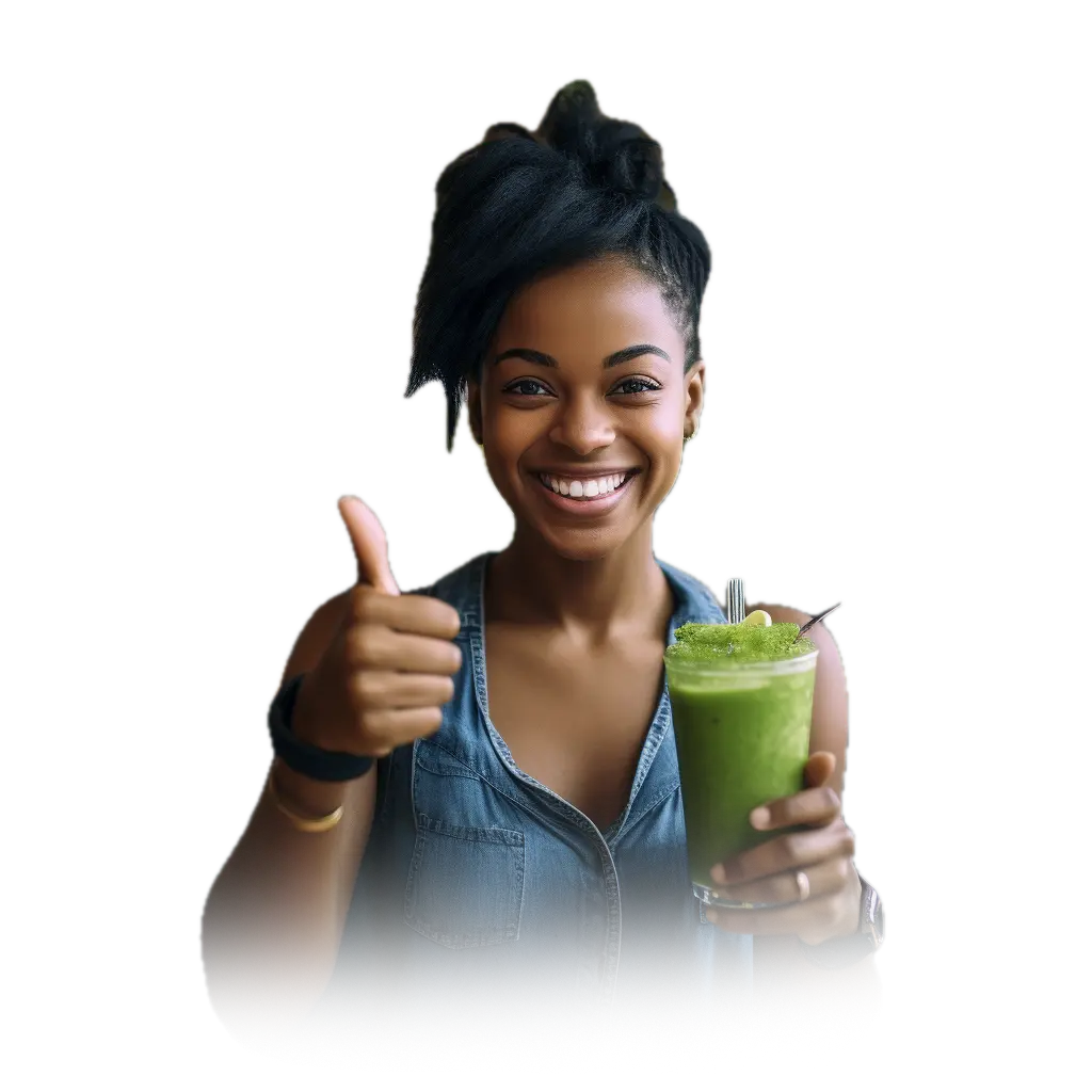 Smiling girl holding a cup of Matcha tea and giving a thumbs up