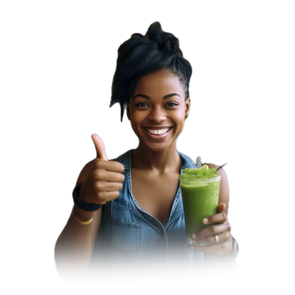 Cheerful Girl Recommending Matcha Tea with Thumbs Up Smiling girl holding a cup of Matcha tea and giving a thumbs up