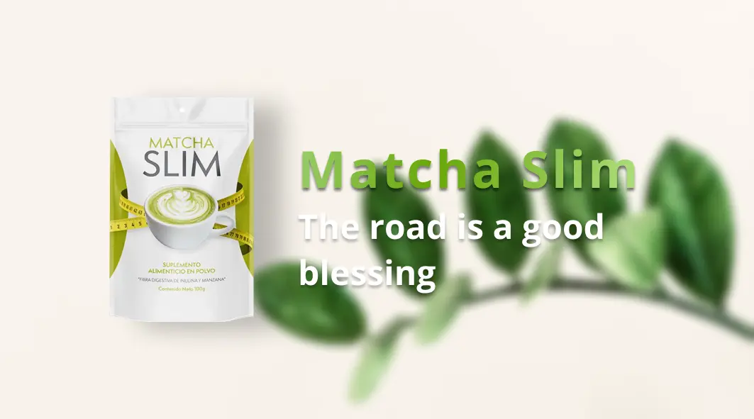 Green and white packaging of Matcha Slim showcasing natural ingredients