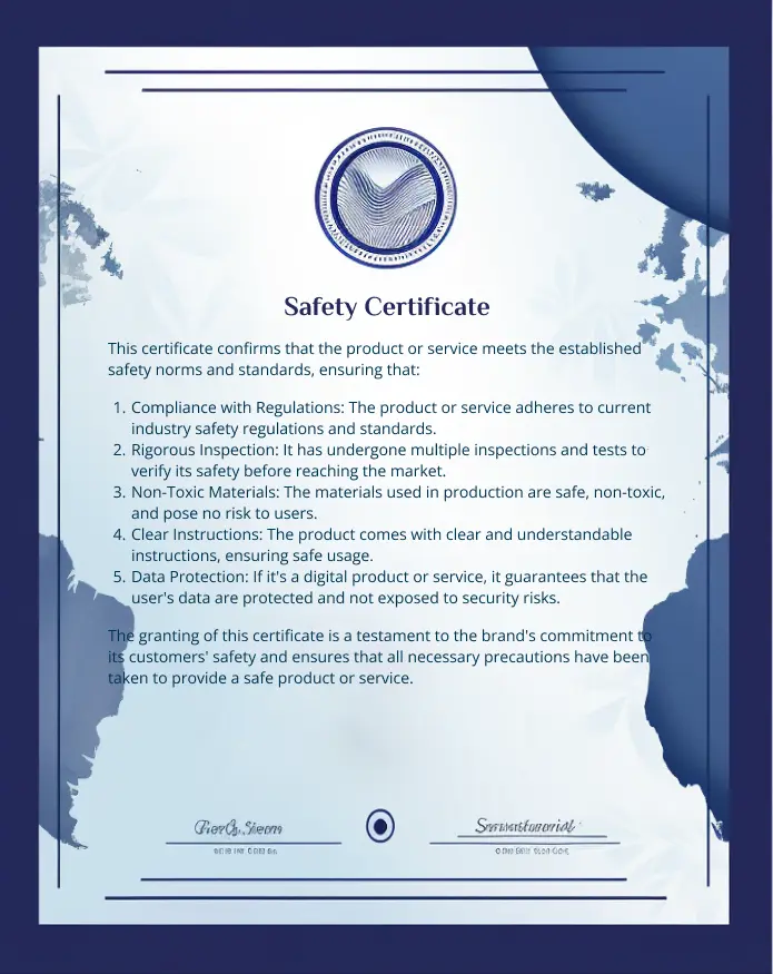 Certificate demonstrating compliance with safety standards Safety Certificate Presented